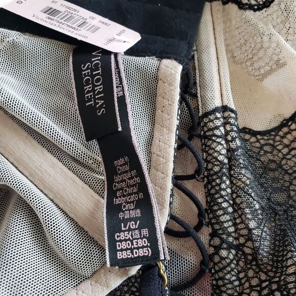 Victoria's Secret Sheer Mesh Floral Lace Up Bustier Corset Black Nude Size Large - Picture 8 of 10